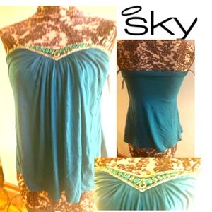 Sky green strapless rhinestone top. Sz Med